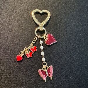 Gold-Tone Keychain with Red Heart & Pink Butterfly Charms